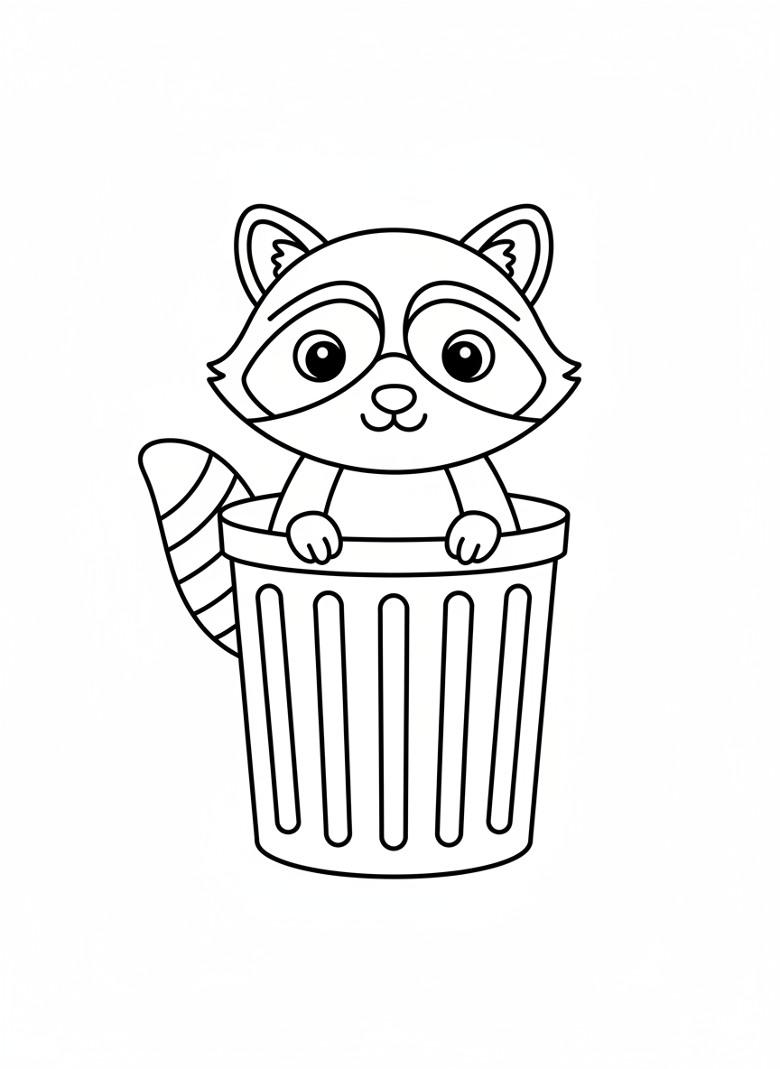 Cute Raccoon in Trash Can Coloring Page