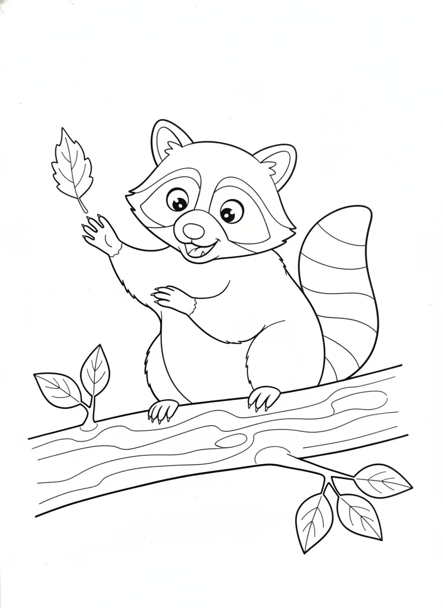 Cute Raccoon on Tree Branch Coloring Page for Kids