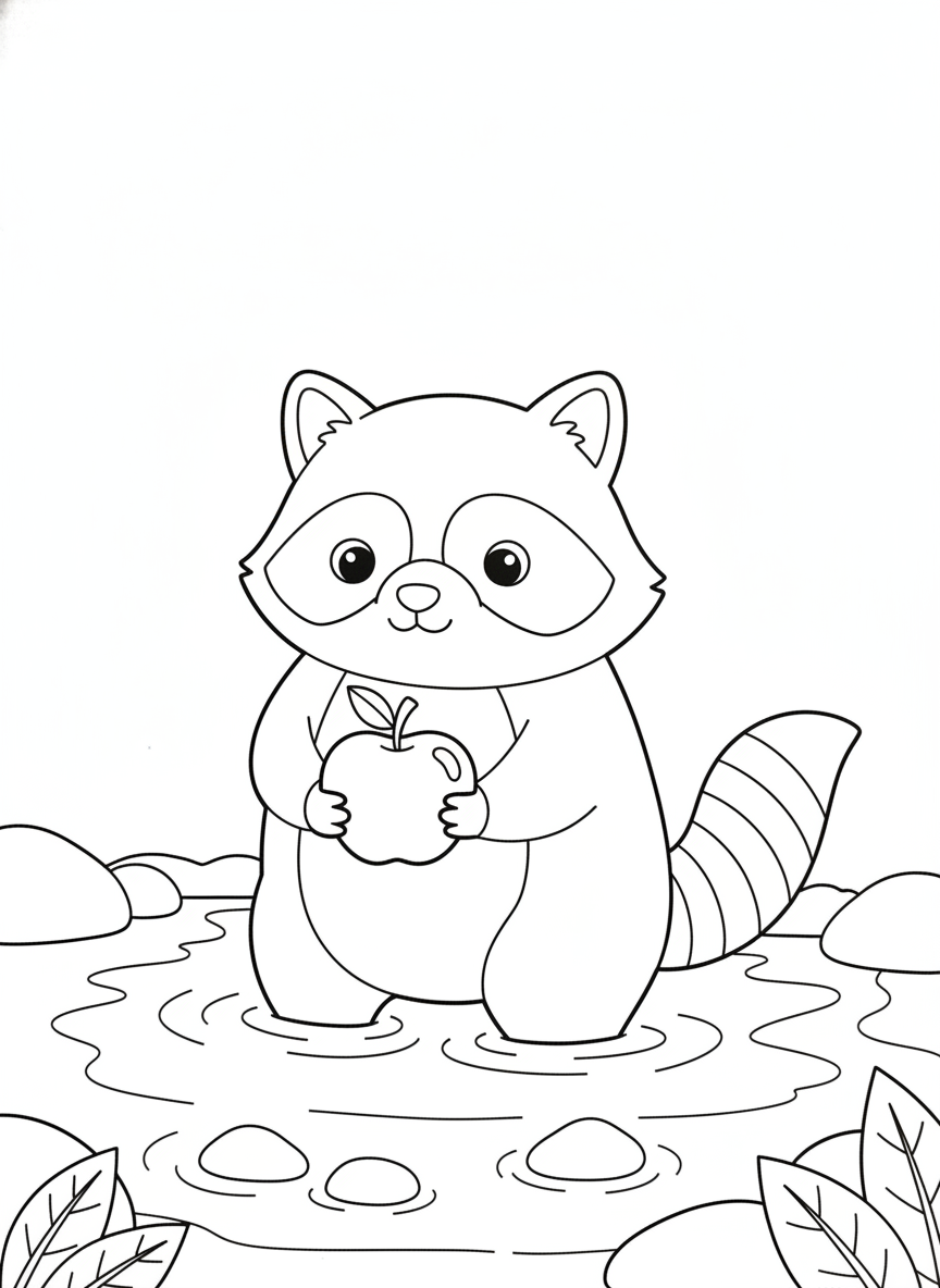 Cute Raccoon Washing Apple in Stream Coloring Page