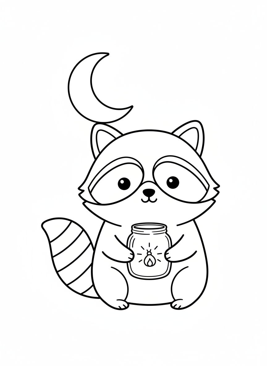 Cute Raccoon with Firefly Jar Coloring Page
