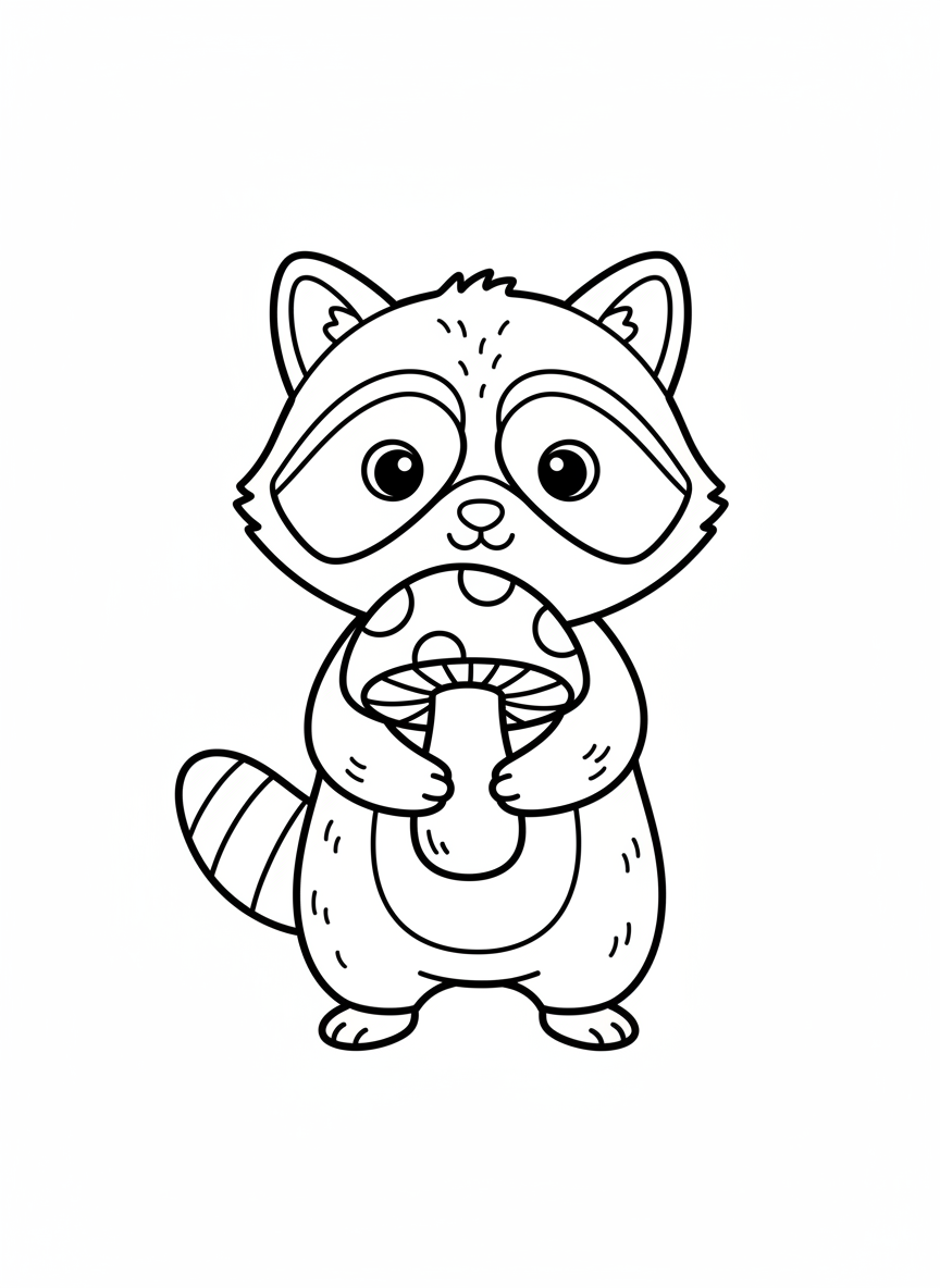 Cute Raccoon with Mushroom Coloring Page