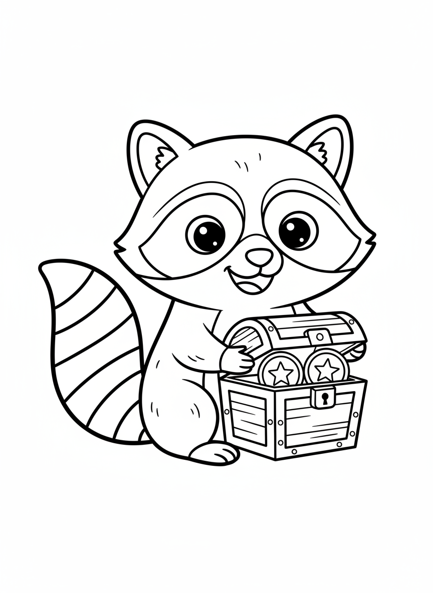 Cute Raccoon with Treasure Chest Coloring Page