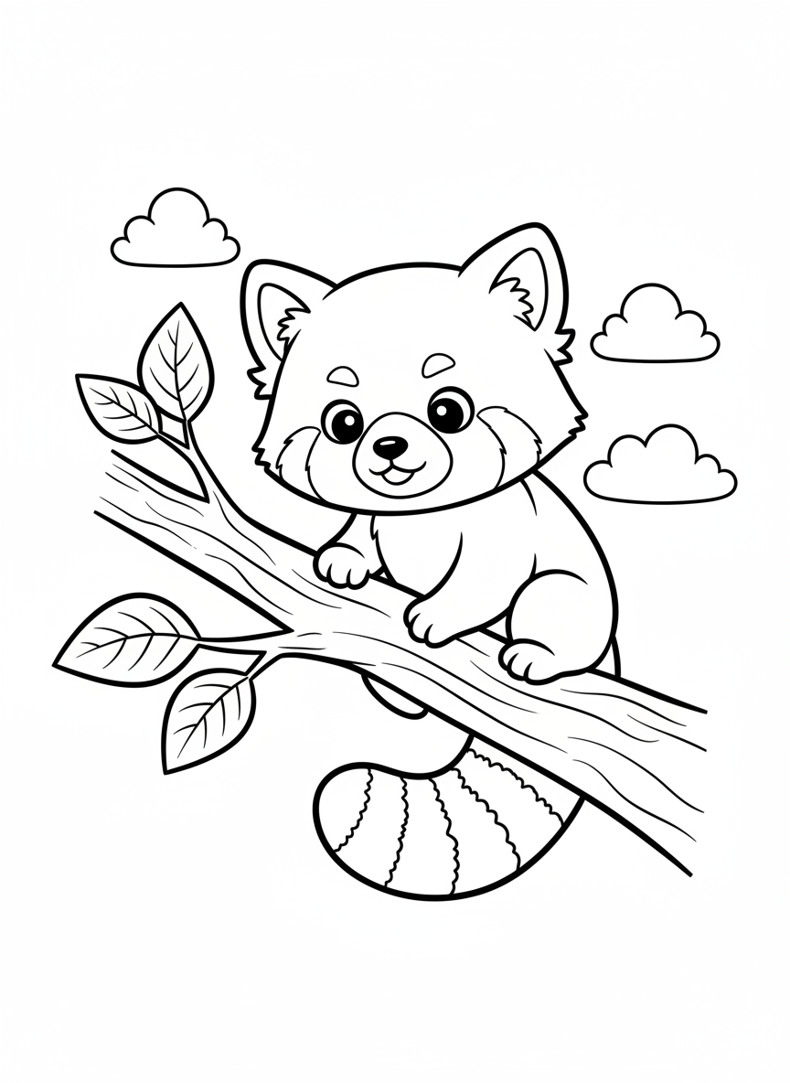 Cute Red Panda Cub Climbing Tree Coloring Page for Kids
