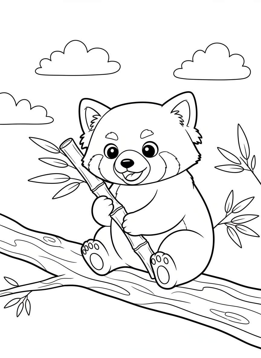 Cute Red Panda Eating Bamboo Coloring Page