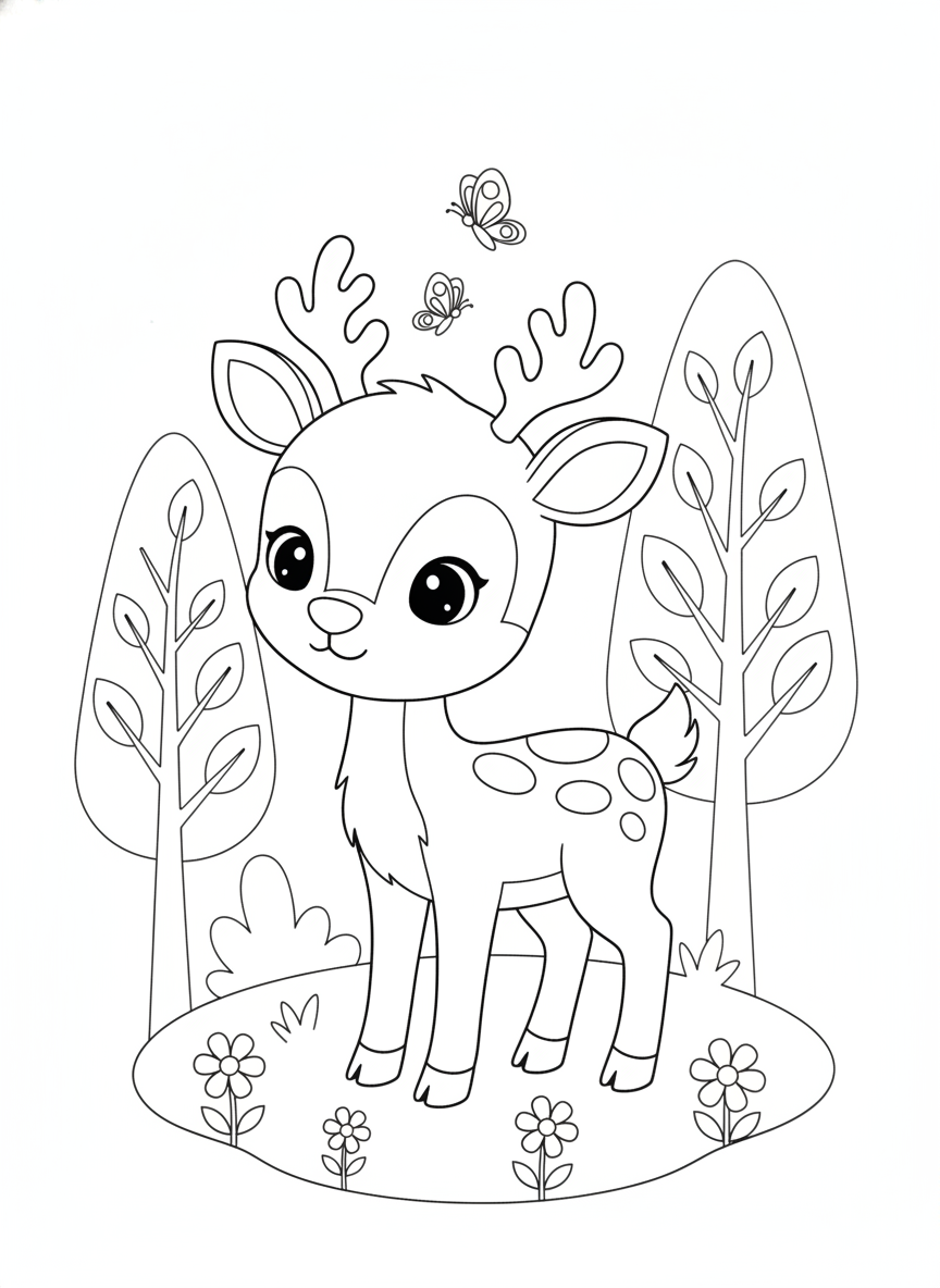 Cute Reindeer in Forest Clearing Coloring Page for Kids