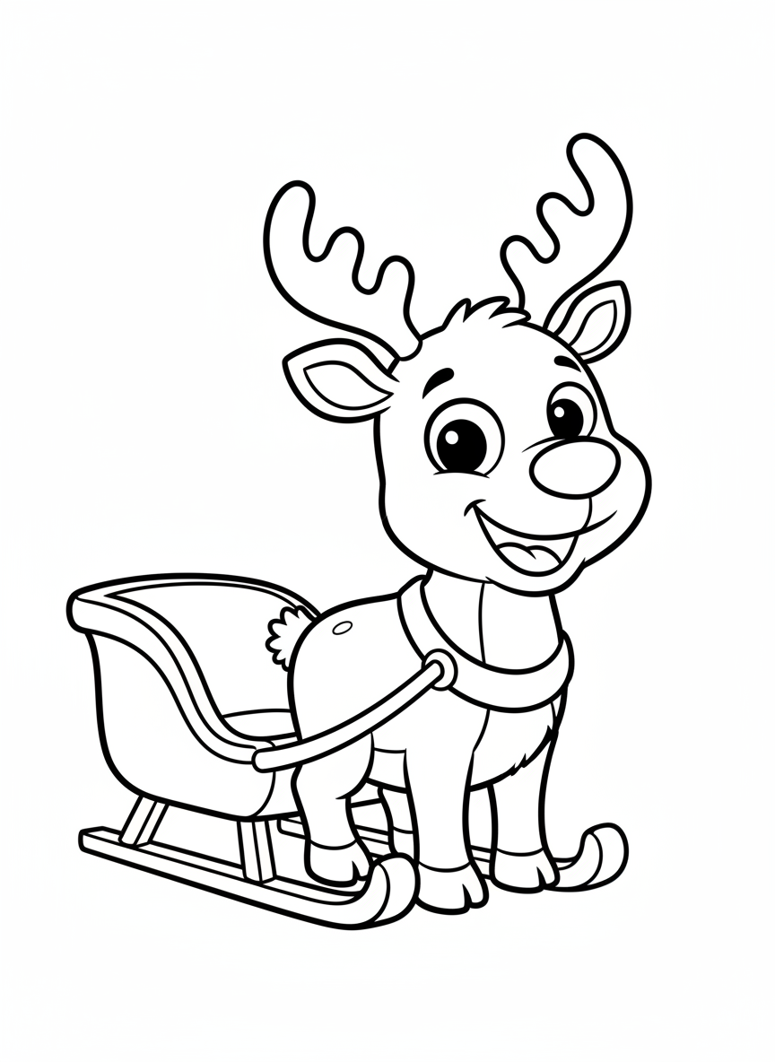 Cute Reindeer Sleigh Coloring Page for Kids