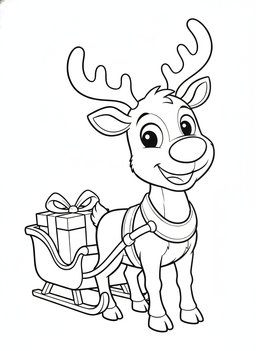 Cute Reindeer with Sleigh Kids' Coloring Page