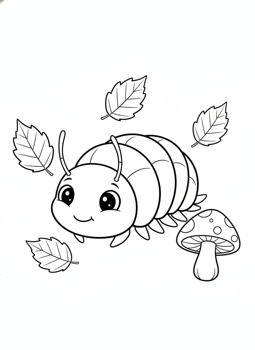 Cute Roly-Poly Insect Coloring Page with Autumn Leaves and Mushroom