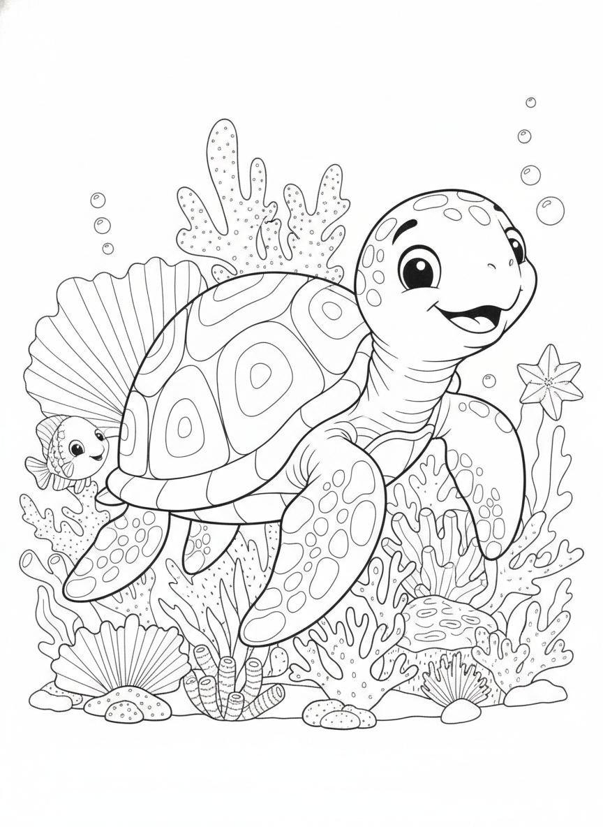 Cute Sea Turtle & Coral Reef Coloring Page for Kids