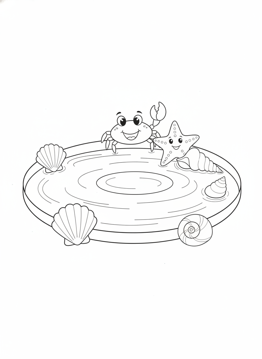 Cute Seashell Collection Pool with Crab & Starfish Coloring Page