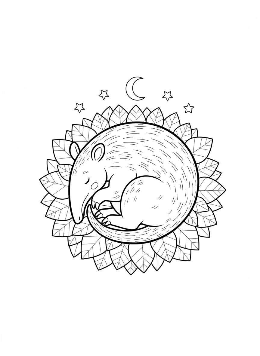 Cute Sleeping Aardvark Under Starry Sky Coloring Page