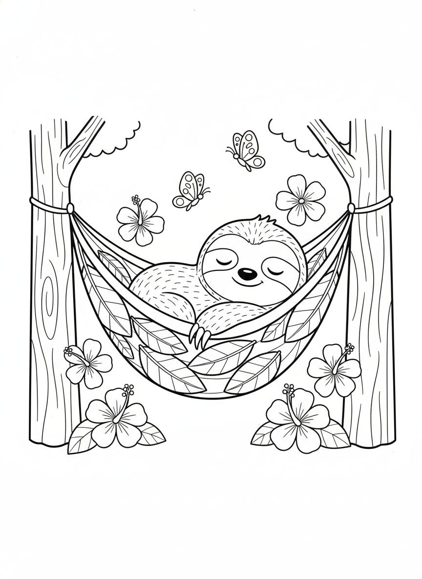 Cute Sleepy Sloth in Hammock Coloring Page