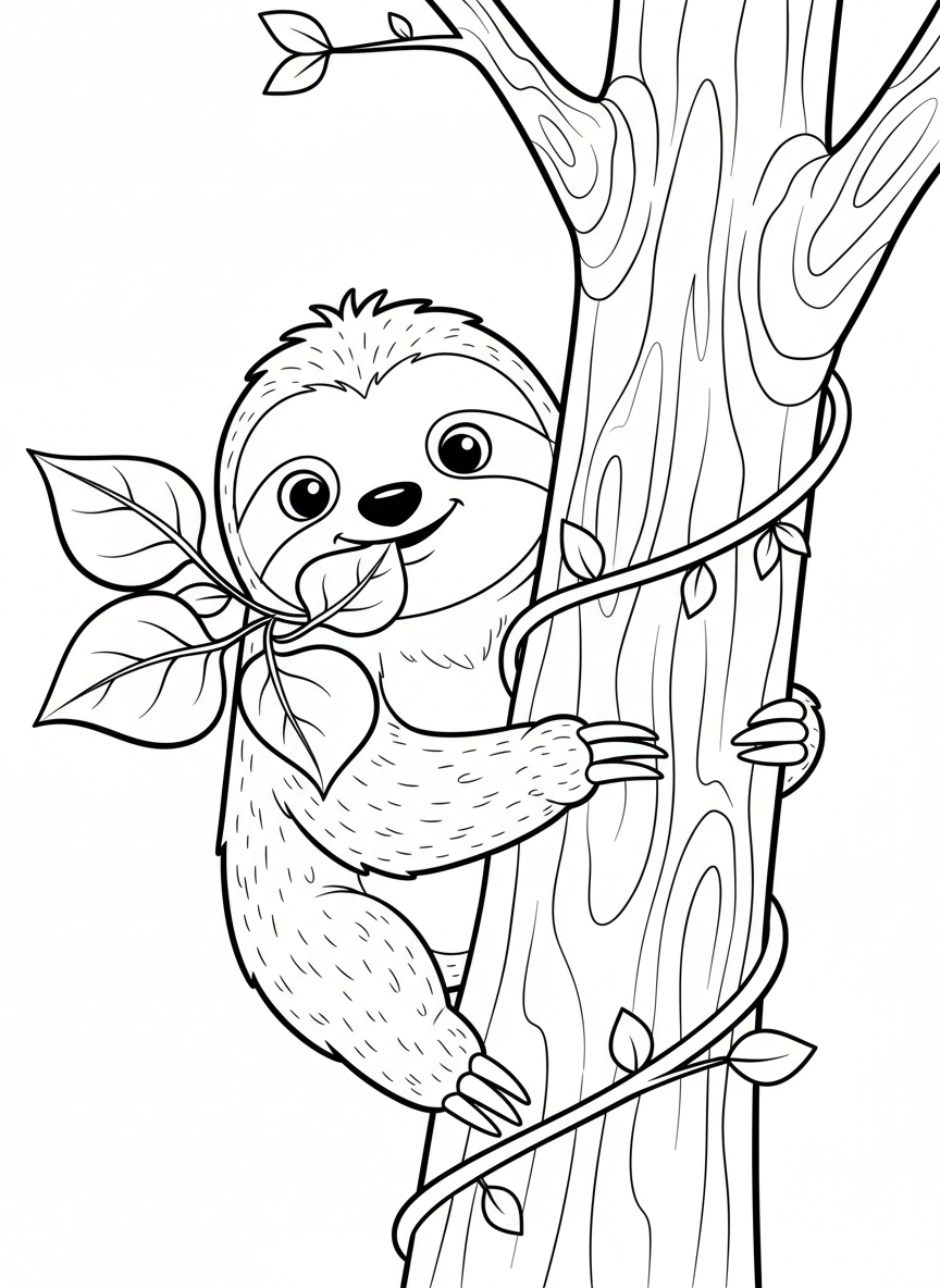 Cute Sloth Climbing Tree Coloring Page for Kids