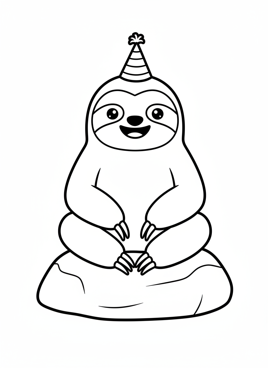 Cute Sloth Coloring Page with Party Hat