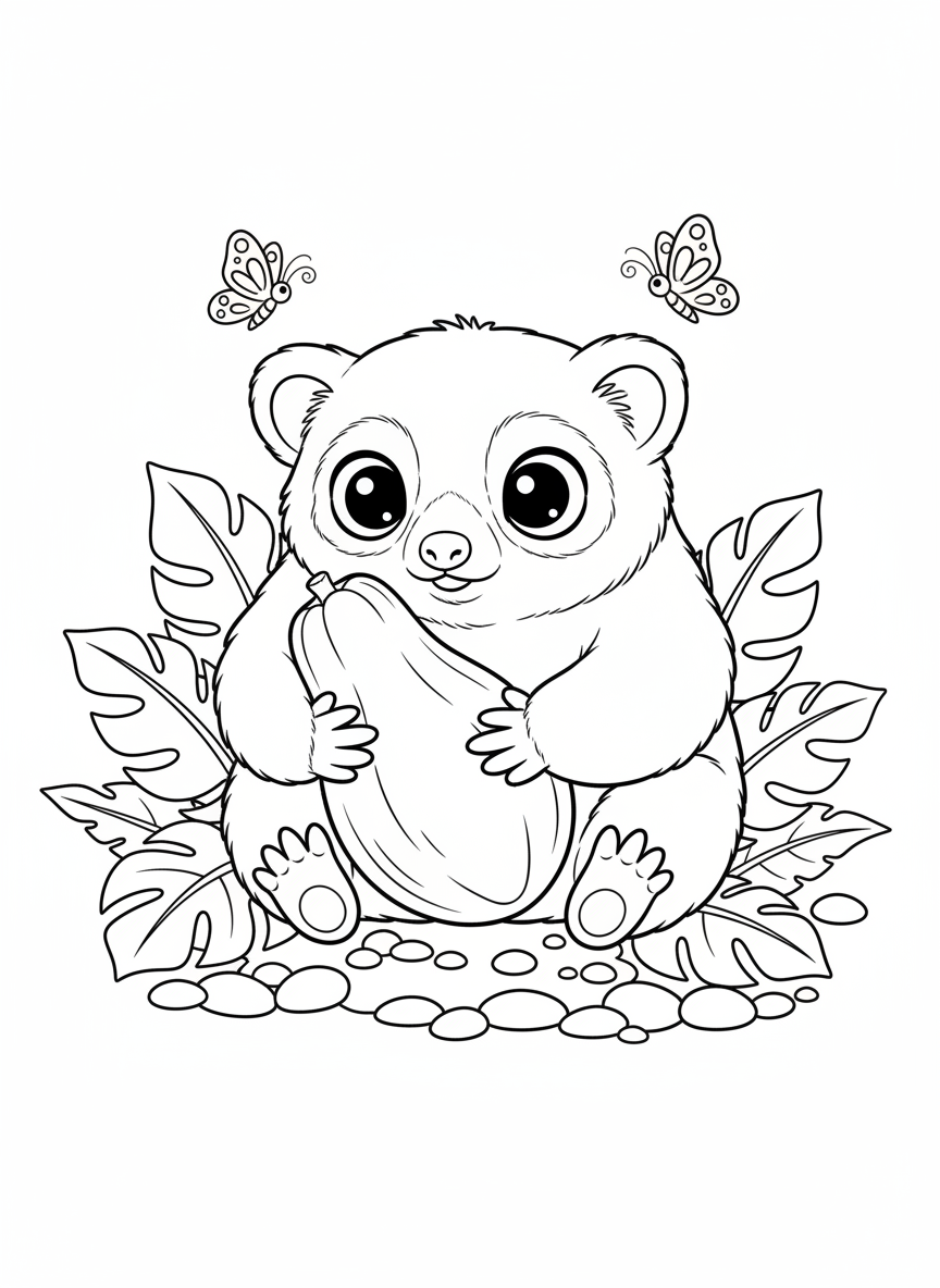 Cute Slow Loris with Tropical Fruit Coloring Page