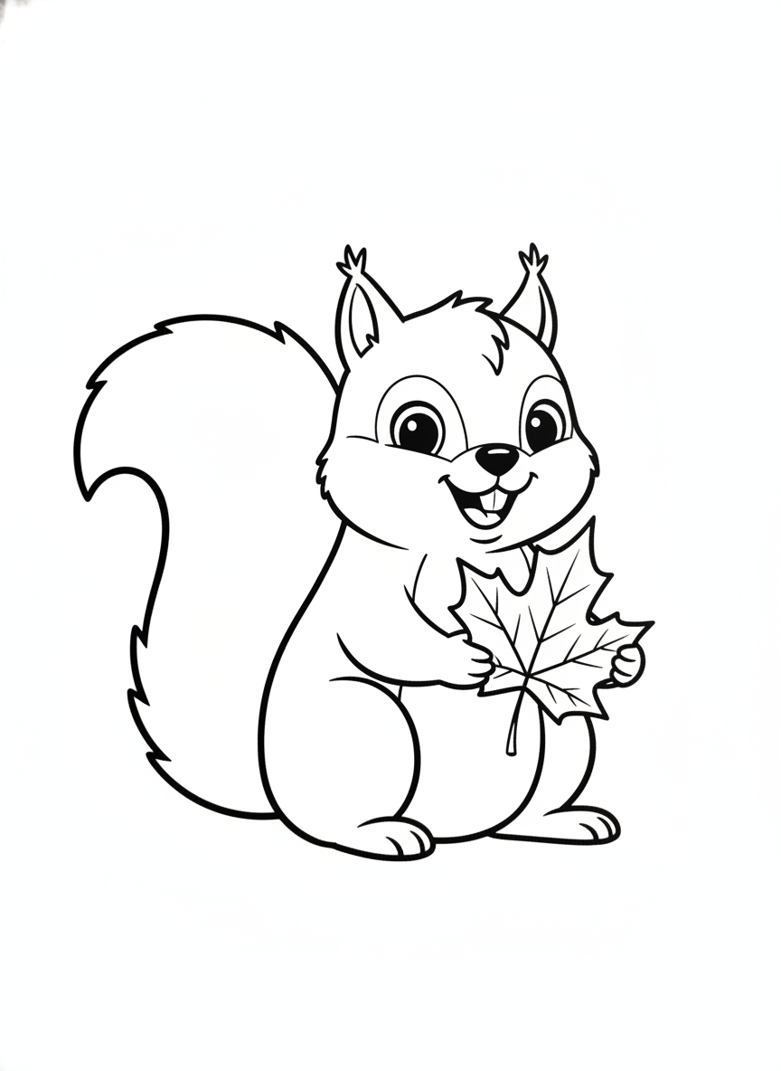 Cute Smiling Squirrel with Autumn Leaf Coloring Page for Kids