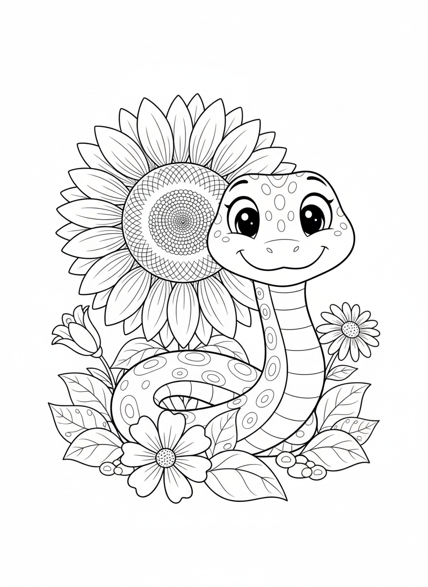 Cute Snake Hide-and-Seek in Flower Garden Coloring Page