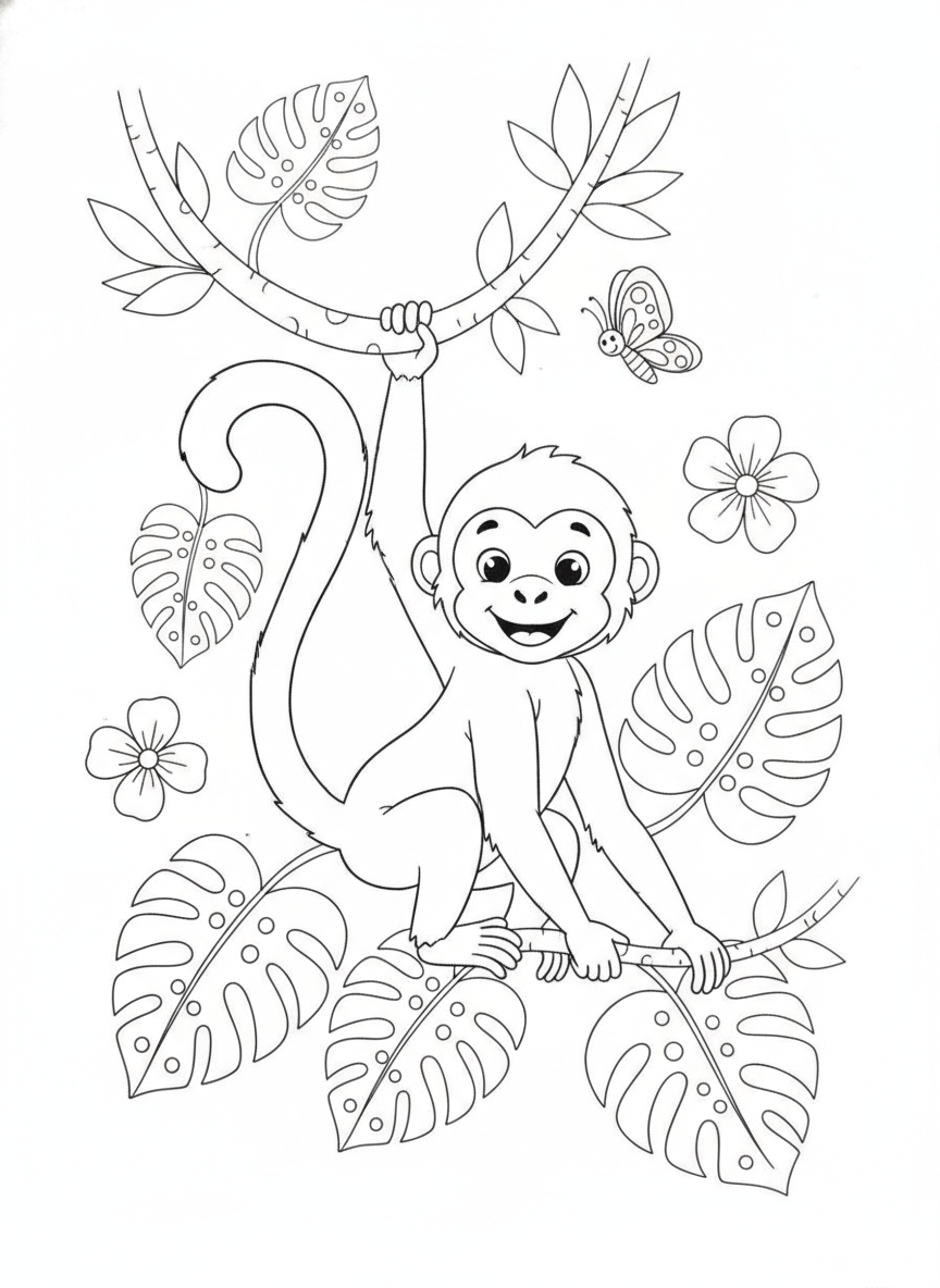 Cute Spider Monkey Swinging in the Jungle Coloring Page