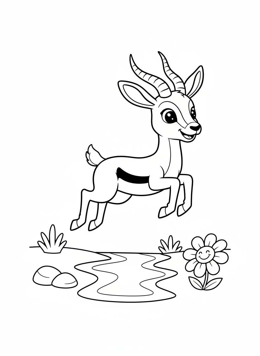 Cute Springbok Leaping River Coloring Page