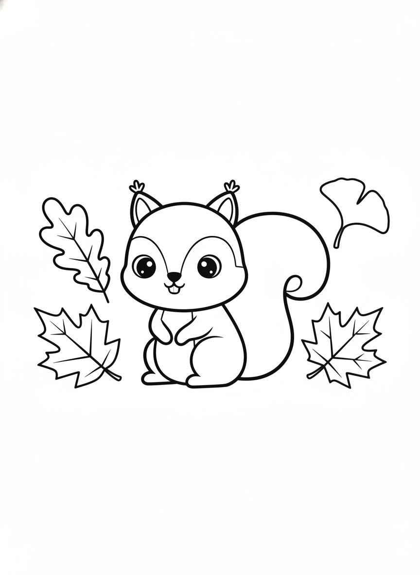 Cute Squirrel & Autumn Leaves Coloring Page for Kids