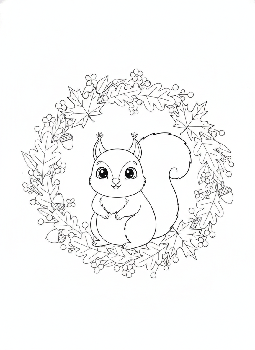 Cute Squirrel in Autumn Leaf Wreath Coloring Page for Kids