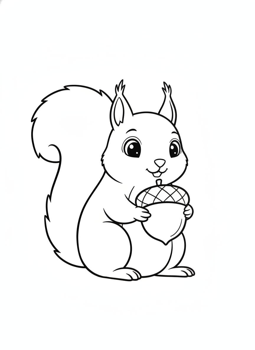 Cute Squirrel with Acorn Coloring Page for Kids - Easy & Fun