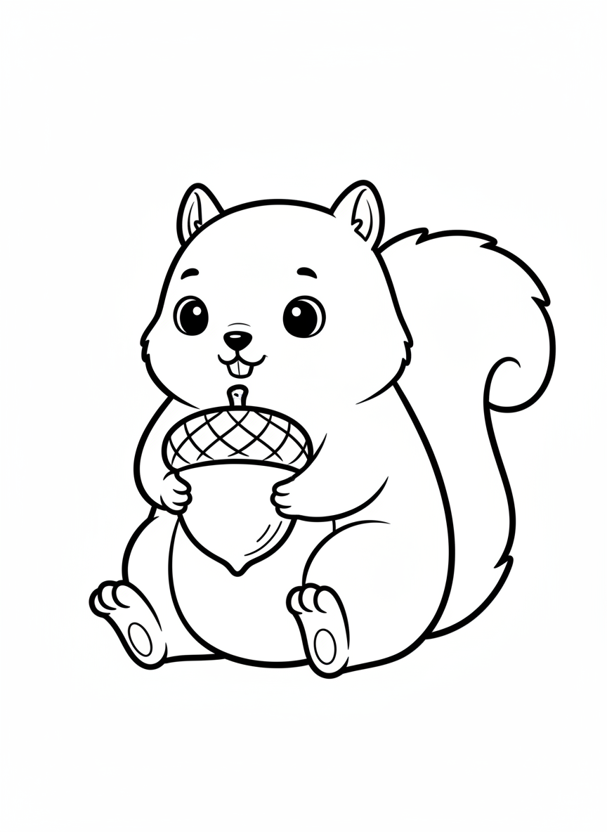 Cute Squirrel with Acorn Coloring Page for Kids