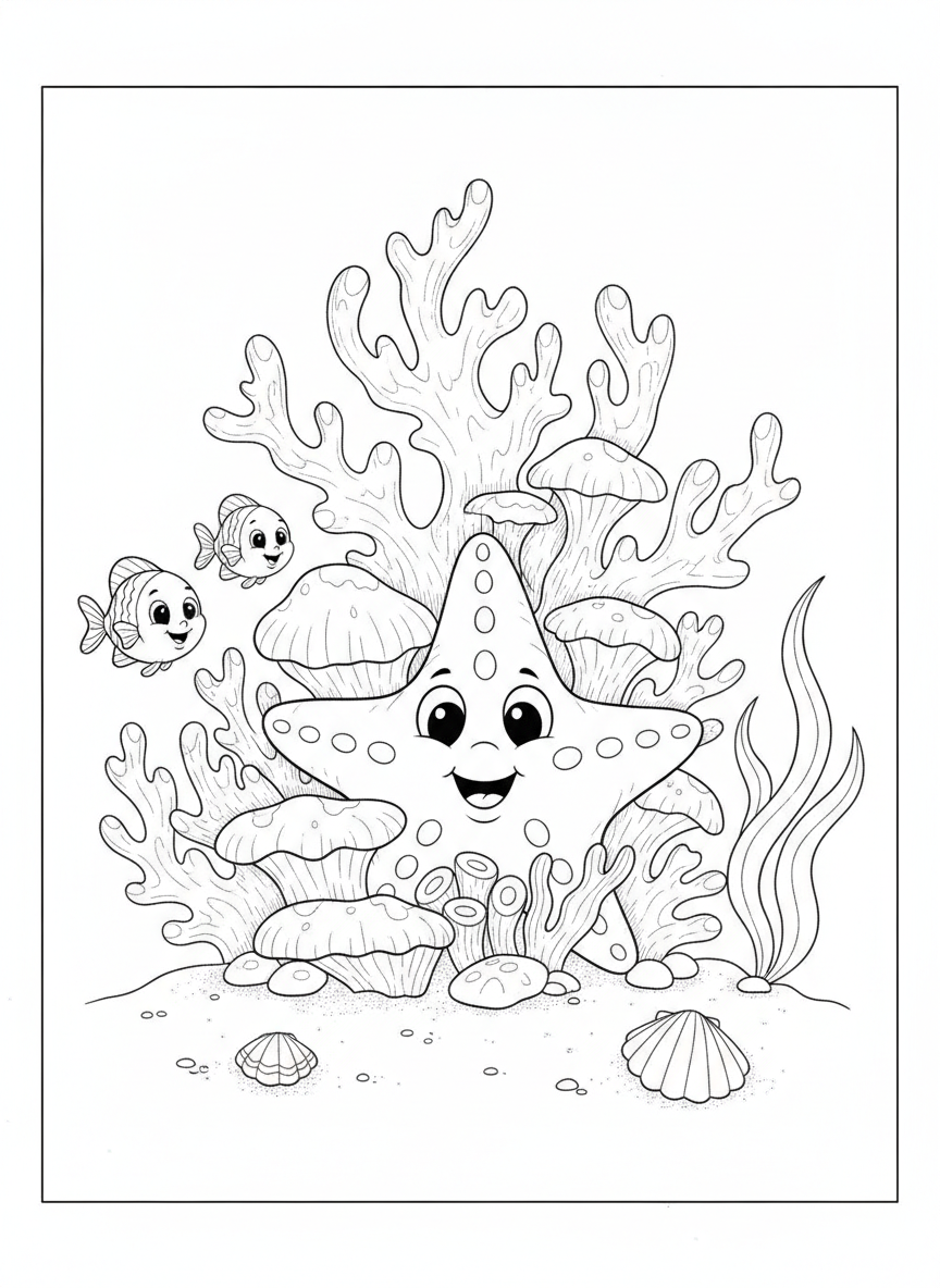 Cute Starfish & Coral Reef Adventure Coloring Page