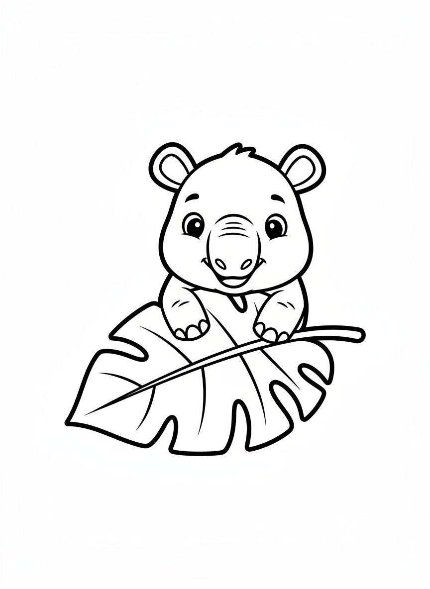 Cute Tapir Hiding Behind Jungle Leaf Coloring Page