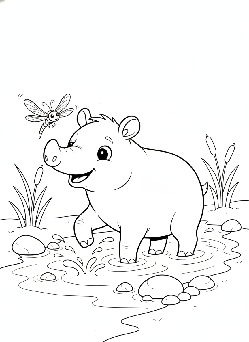 Cute Tapir Splashing in Stream Coloring Page for Kids