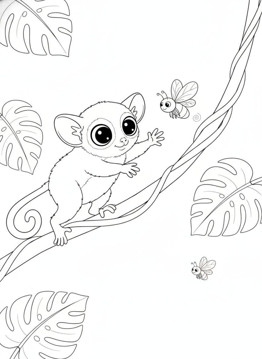 Cute Tarsier Jumping with a Firefly Coloring Page for Kids