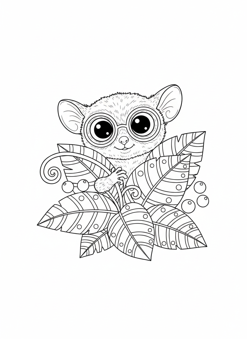Cute Tarsier Peeking from Jungle Leaves