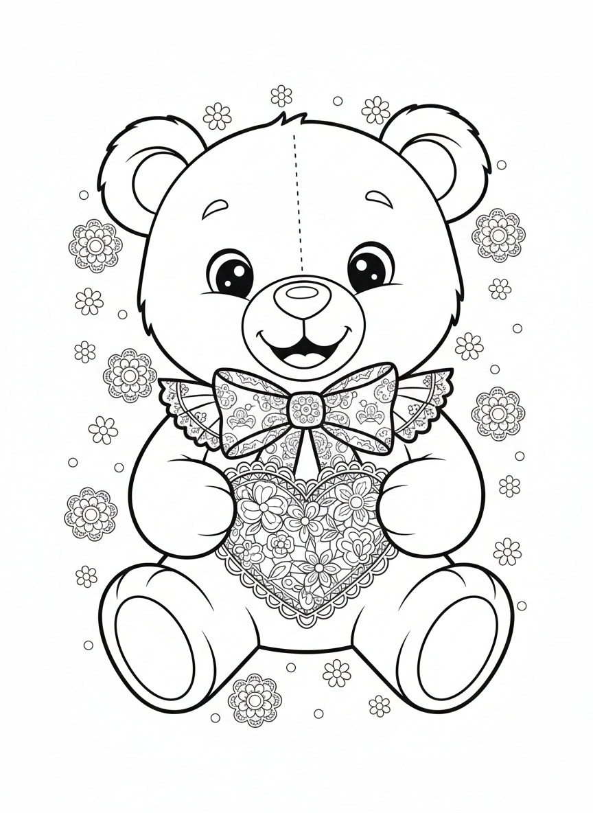Cute Teddy Bear with Lace Heart Coloring Page