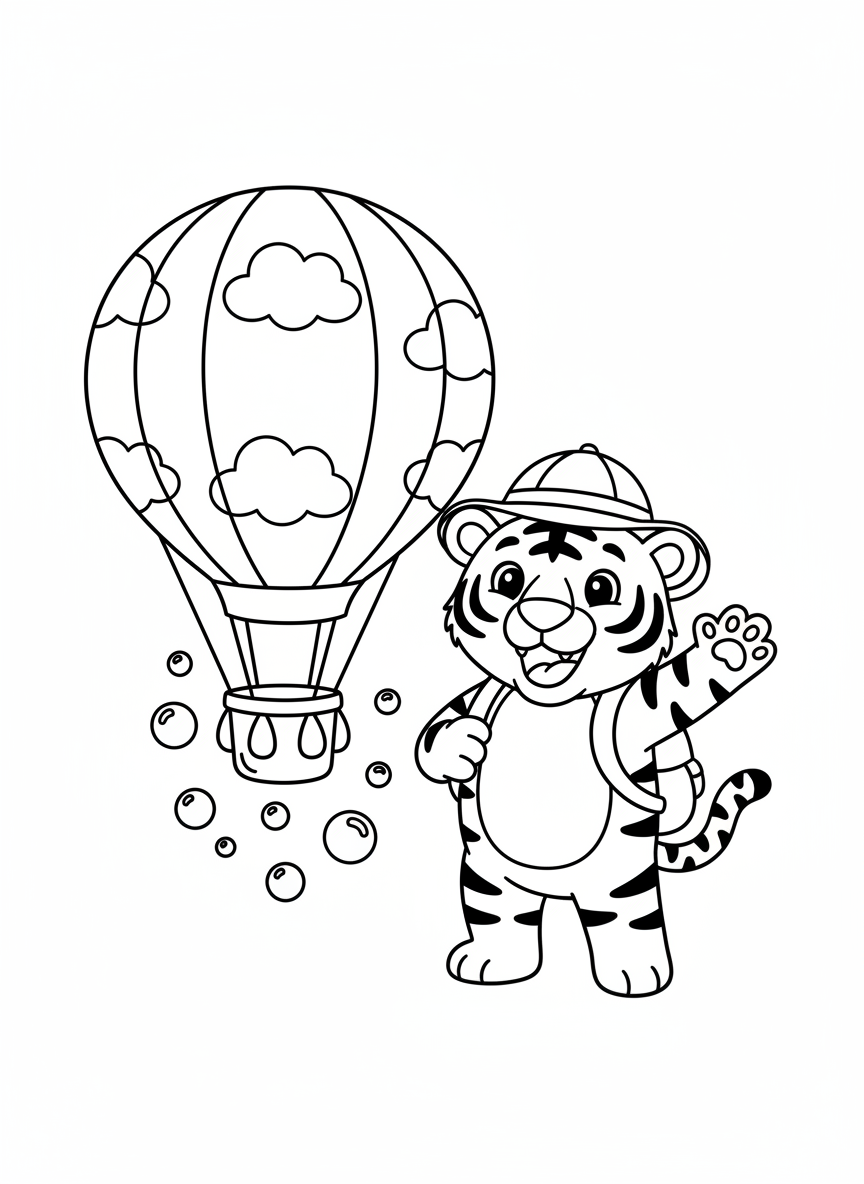 Cute Tiger Explorer with Hot Air Balloon
