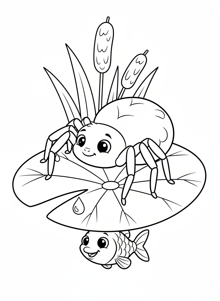 Cute Water Spider on Lily Pad Coloring Page