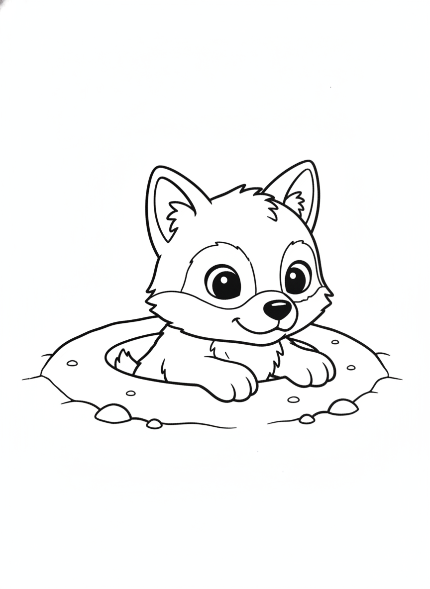 Cute Wolf Cub Emerging from Burrow: Fun Coloring Page for Kids