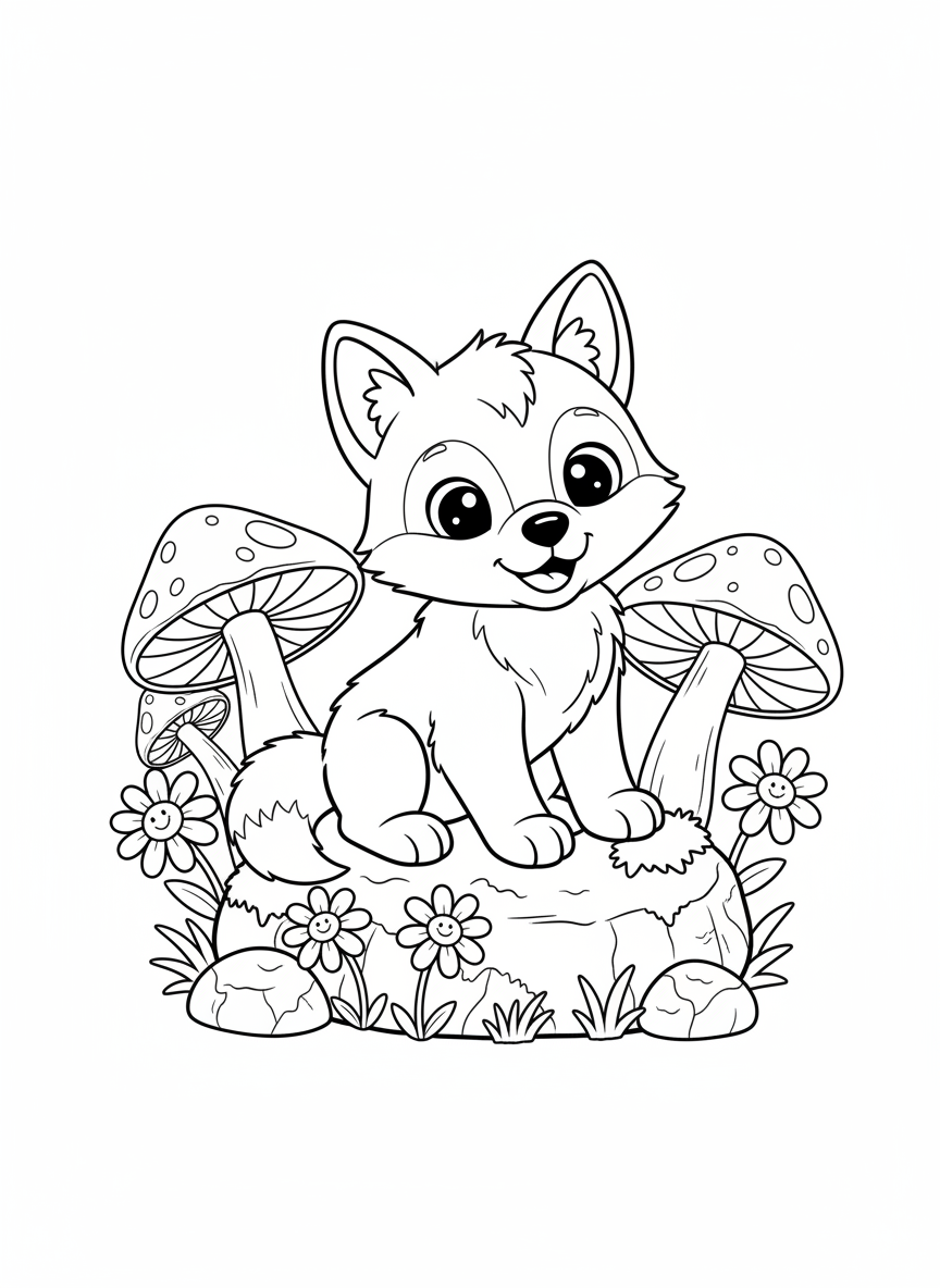 Cute Wolf Cub & Mushroom Coloring Page