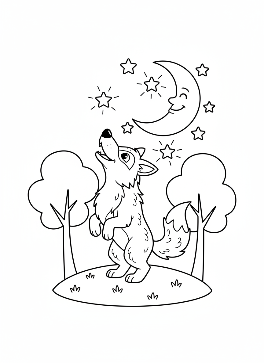 Cute Wolf Howling at Moon Coloring Page