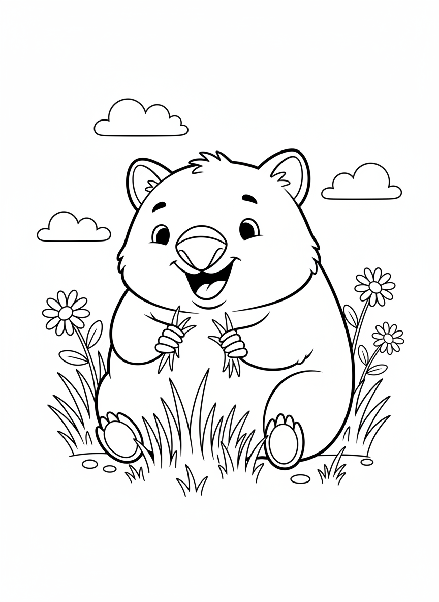 Cute Wombat Munching Grass Coloring Page