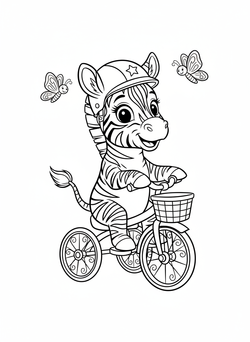 Cute Zebra on Tricycle Coloring Page for Kids