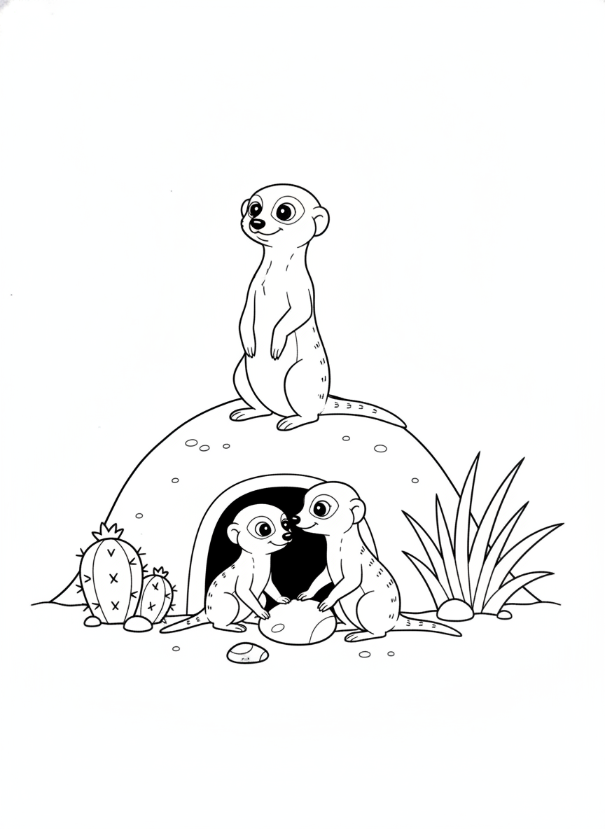 Delightful Meerkat Family at Home Coloring Page for Kids