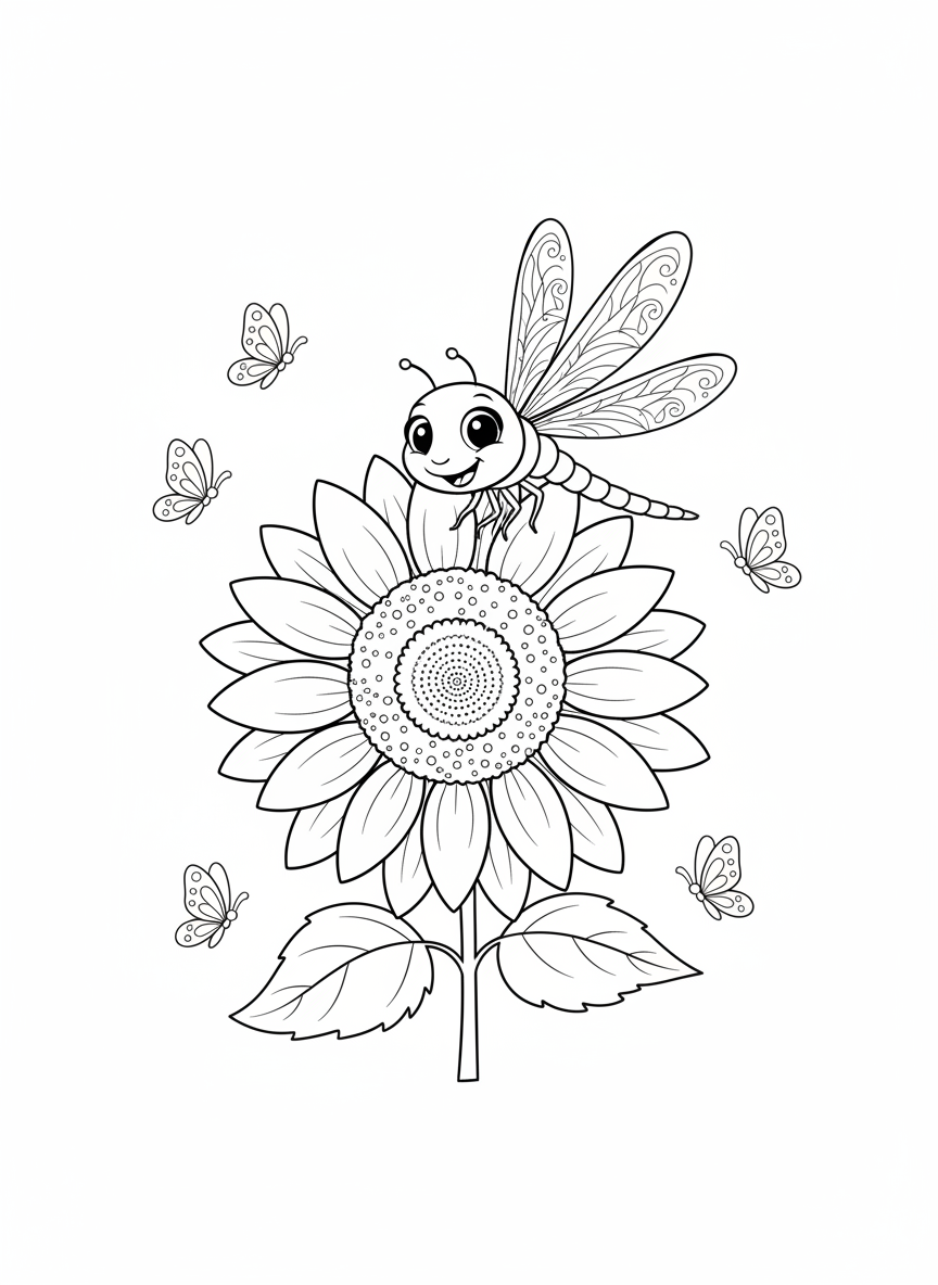 Dragonfly & Sunflower Coloring Page for Kids