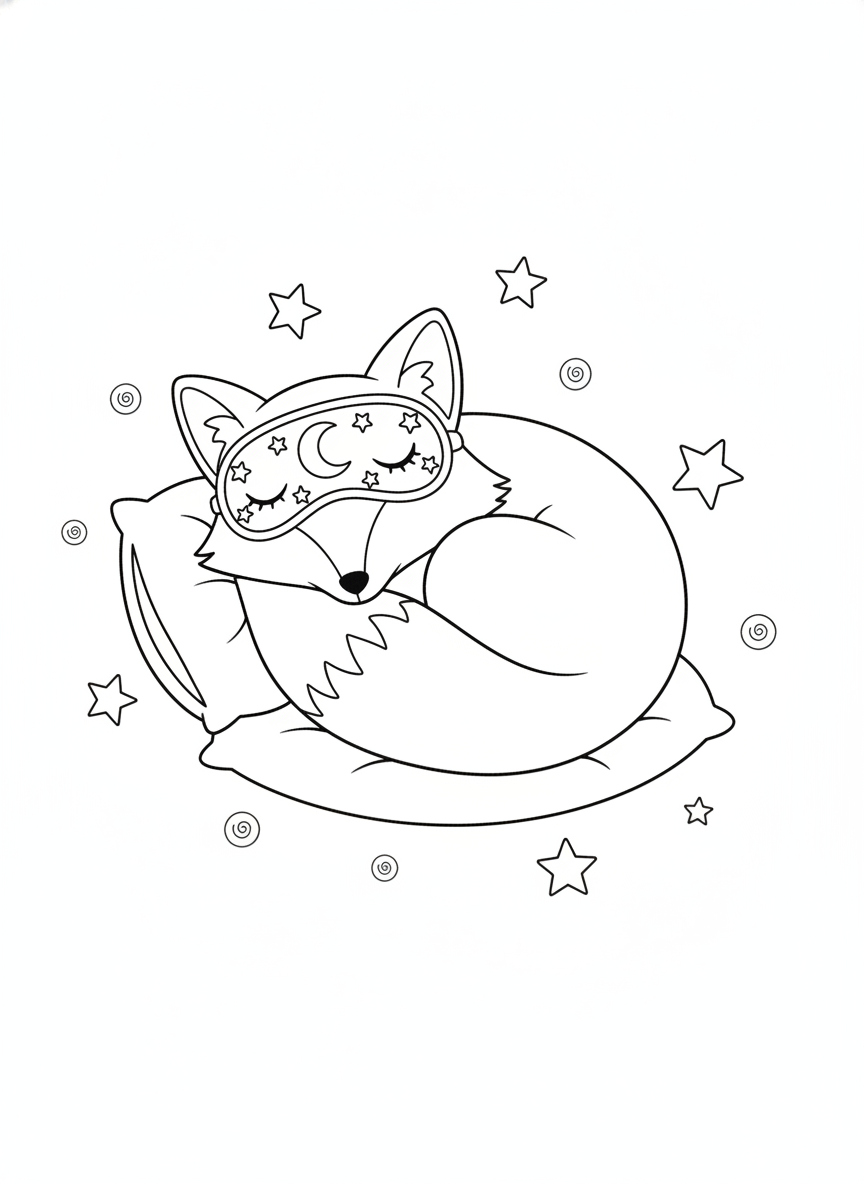 Dreamy Sleeping Fox with Starry Mask Coloring Page