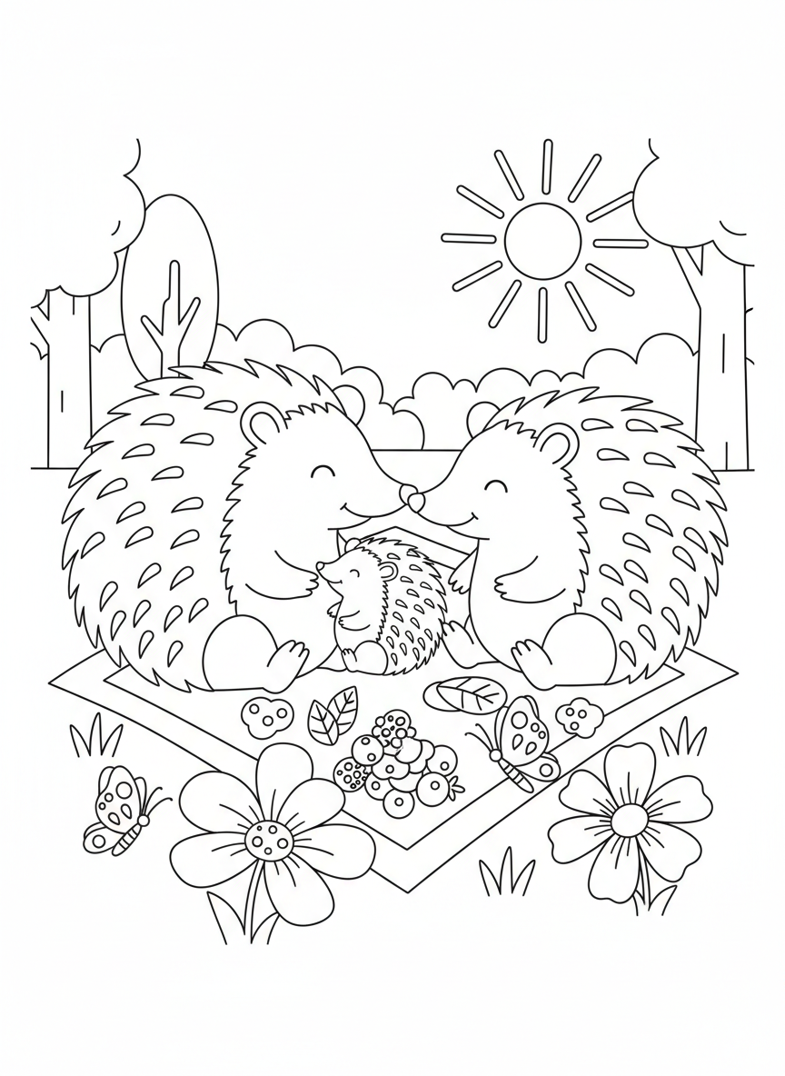 Echidna Family Picnic Coloring Page