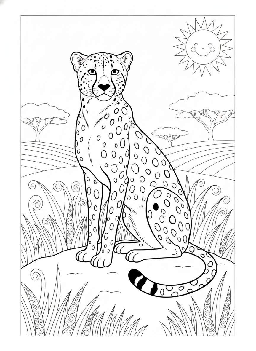 Elegant Cheetah in African Savanna Coloring Page for Kids
