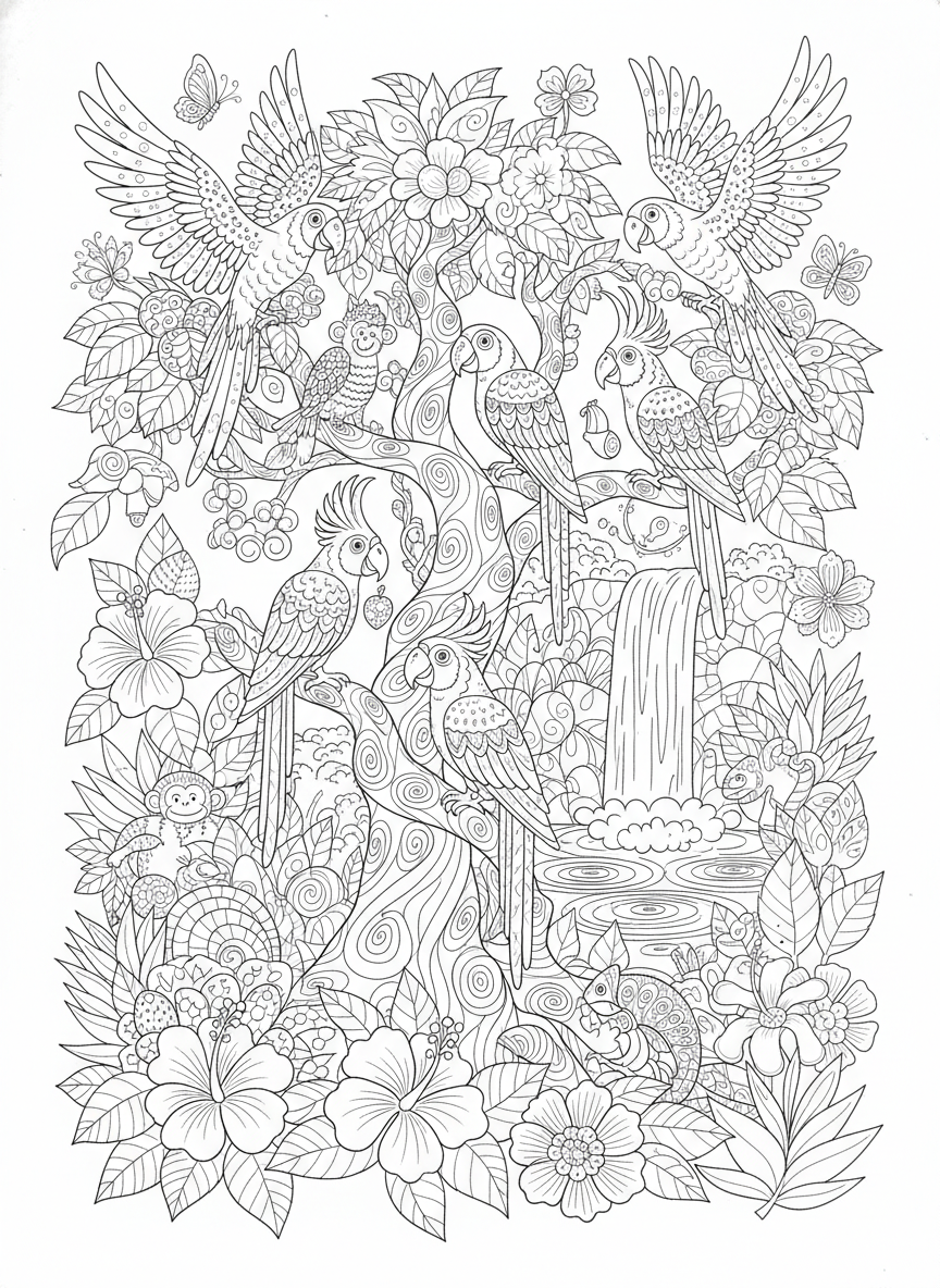 Enchanting Jungle Adventure: A Detailed Parrot Paradise Coloring Page