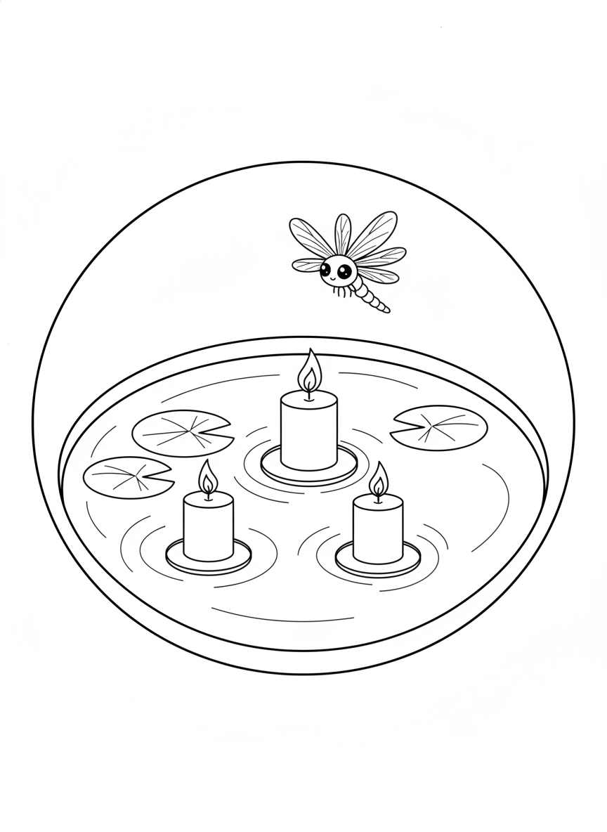 Enchanting Pond: Floating Candles, Lily Pads & Dragonfly Coloring Page