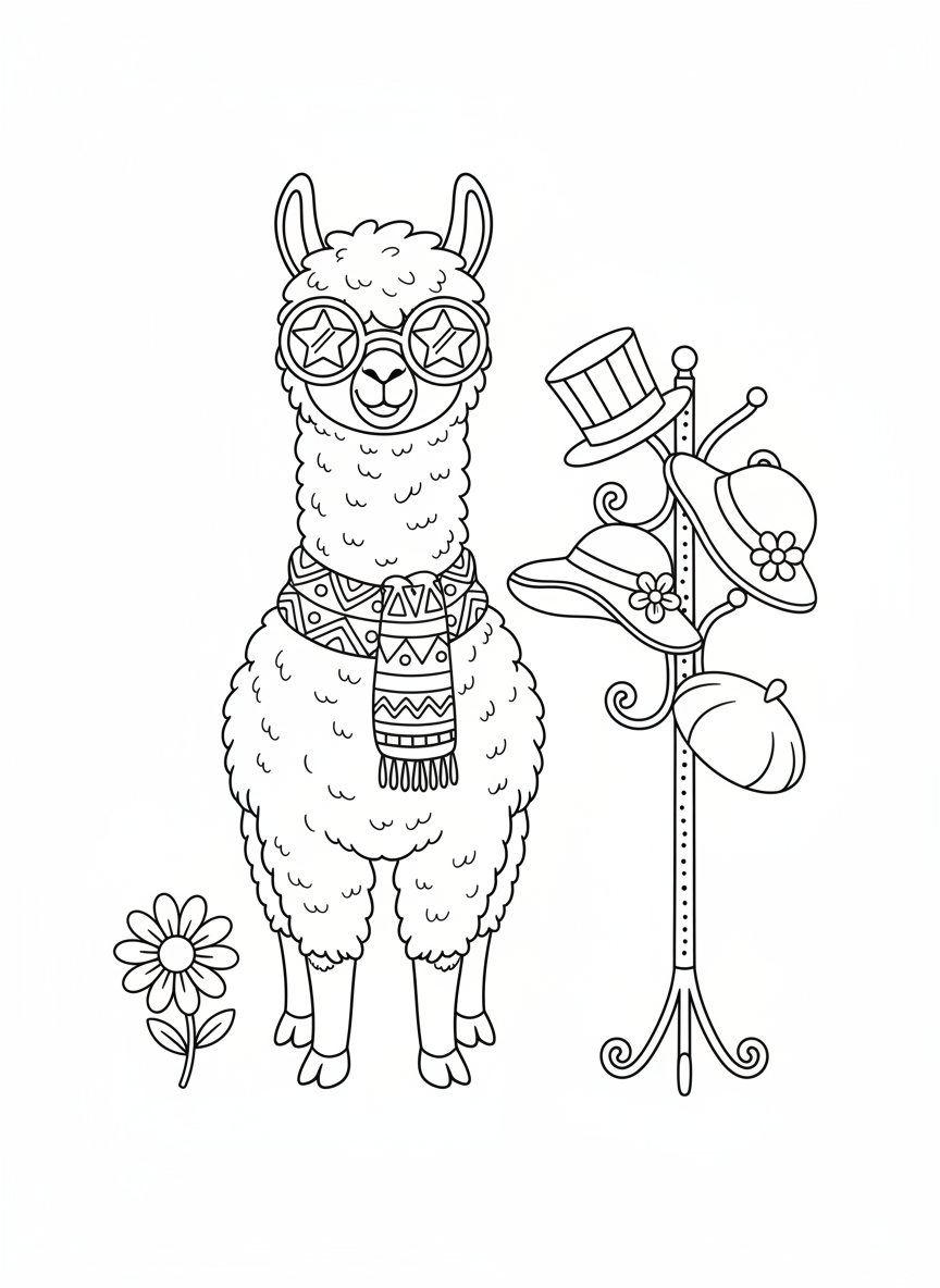 Fashionable Alpaca Coloring Page for Kids