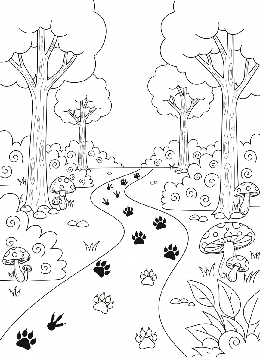 Forest Animal Track Adventure Coloring Page