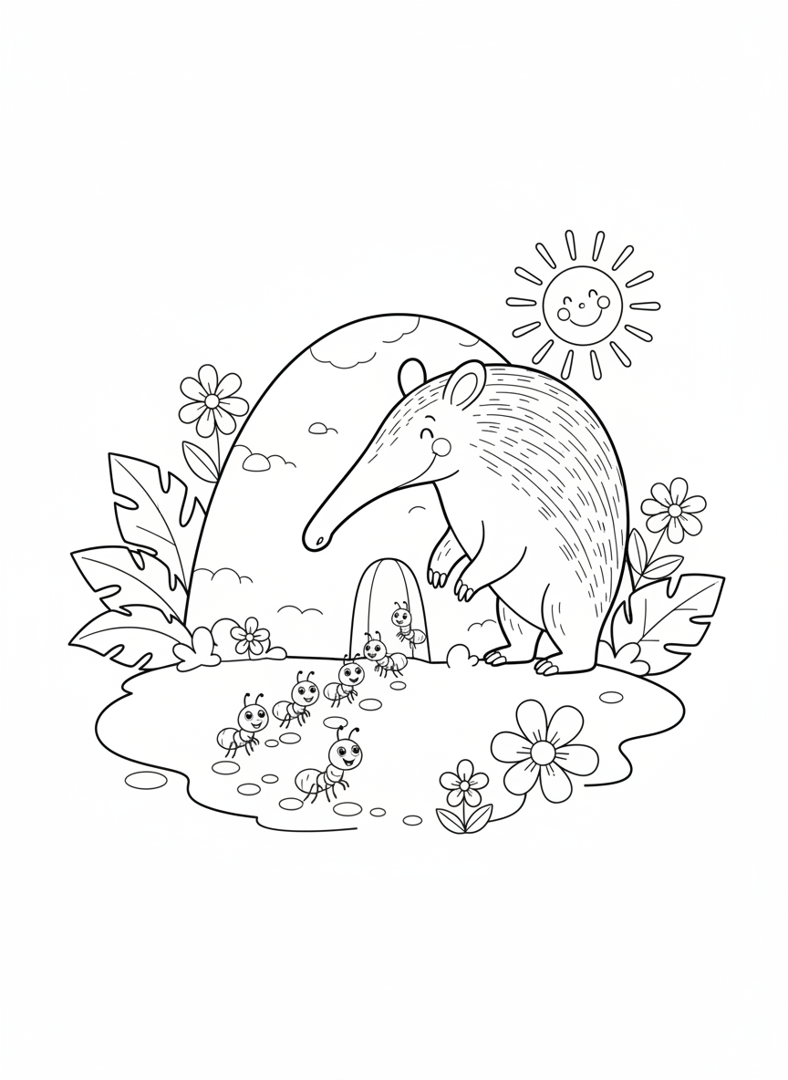 Friendly Aardvark & Ant Hill Coloring Page for Kids